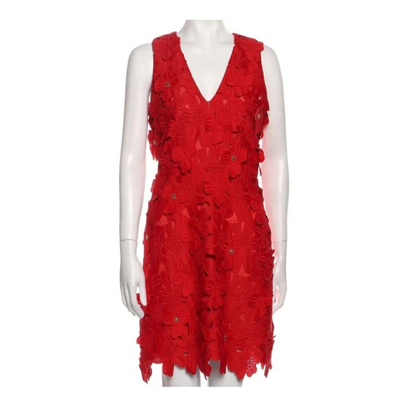 Women's Dresses' Designer Michael Kors Red Lace Pattern V Neck Shift Dress XS - Picture 6 of 11